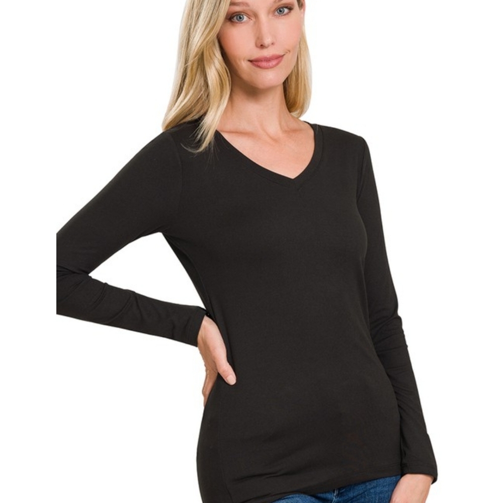 Black Brushed Microfiber long sleeve vneck Top